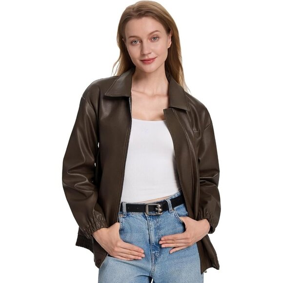 Women's Brown Faux Leather Zip-Up Jacket with Elastic Cuffs and Collar - Picture 7 of 7